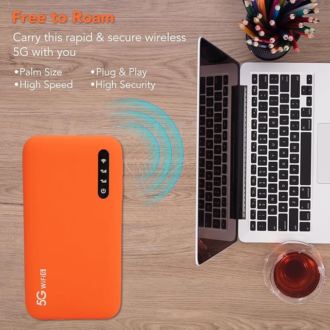 5G WiFi6 Mobile Hotspot, 5G Router with Sim Card Slot, International Coverage Modem, Portable Internet Devices for Travel, Support 16 Users, 6100mAh Battery