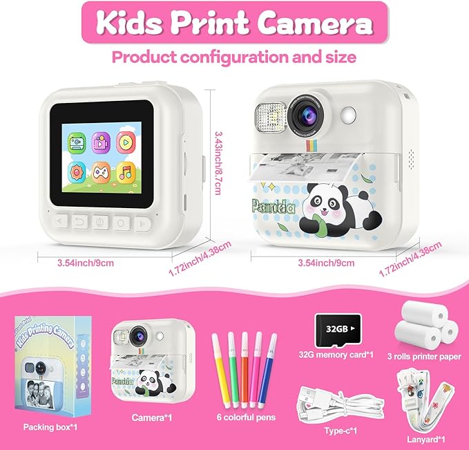 Kids Camera Instant Print, Christmas Birthday Gifts for Girls Age 3-10, Toy for 3 4 5 6 7 8 9 10 Year Old Girls with 3 Roller Photo Paper (White)