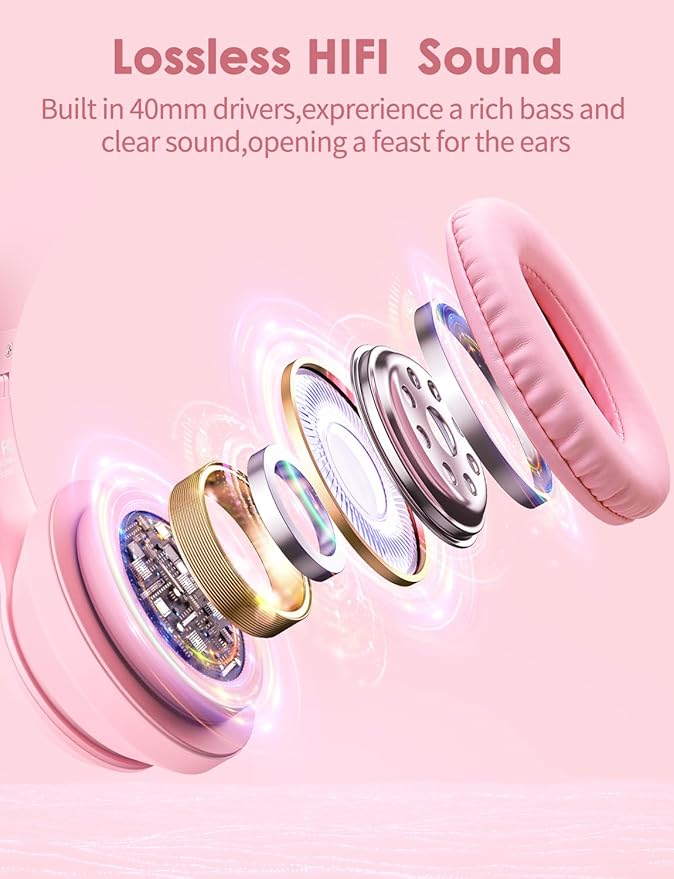 Cat Ear Bluetooth Headphones with Micphone for Kids & Adults, LED Light Up Wireless HI-FI Sound Quality, Over-Ear Headphones with Volume Control for iPhone/iPad/Laptop/PC(55H Play Time)