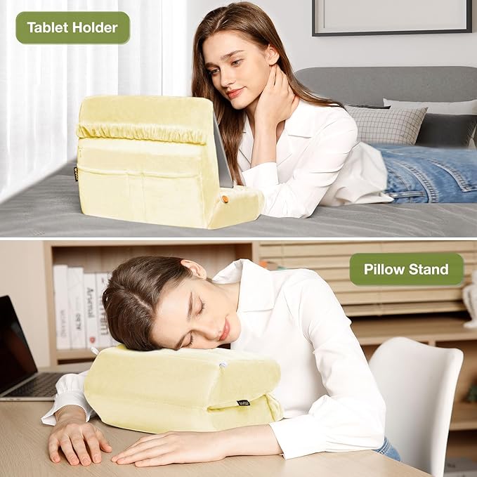 MOSISO Tablet Pillow Stand,Soft Tablet Holder for Lap,Tablet Soft Pad Dock with Pockets&Stylus Slot&4 Viewing Angles Compatible with iPad Pro 12.9,11,10.5,9.7,Air Mini 6,5,4,3, E-Reader, Pastel Yellow