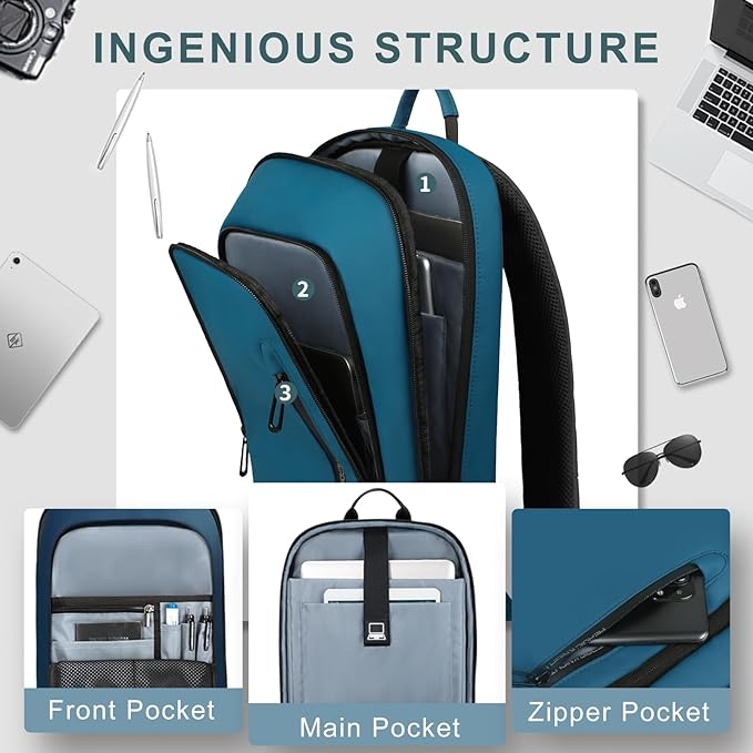 hk Backpack for Men Business Slim Backpack with USB Charger Computer Lightweight Anti-theft Travel (Dark Blue, 15.6 Inch)