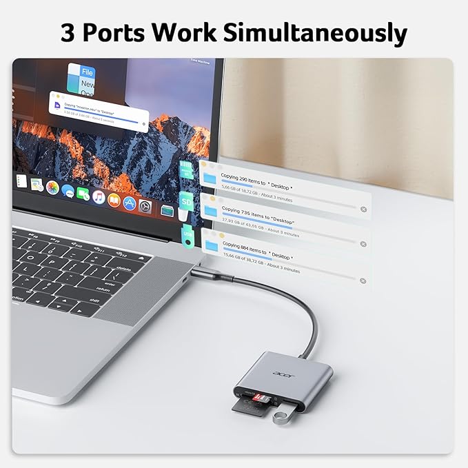 Acer SD Card Reader USB C, 3 in 1 Memory Card Reader with Dual Slots & USB 3.0, Micro SD Card Adapter for iPhone 16/15 Compatible with Camera, Android, MacBook Pro/Air, Laptop