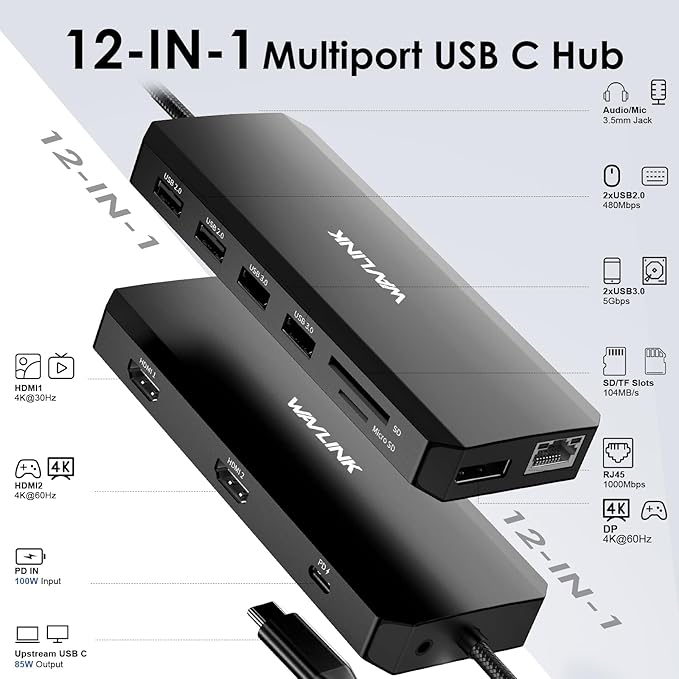 WAVLINK USB C Docking Station - Dual Monitor, Triple Display, 2 HDMI, DisplayPort, PD Charging, Ethernet, 5 USB, SD/TF Card Reader, Audio for MacBook, Dell, HP, Lenovo, Surface - Black