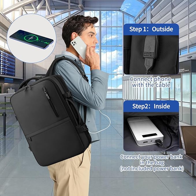 Travel Backpack for Men Women, Expandable Backpacks with Charging Port for Business Work Commute Casual, Black