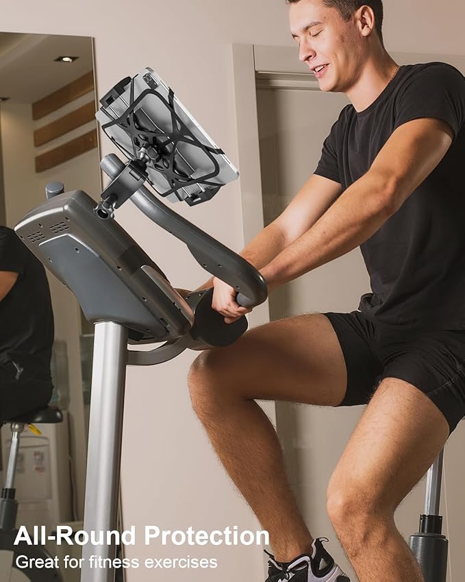 woleyi Spin Bike Tablet Holder - Treadmill Tablet Mount Handlebar Clamp for Indoor Bike Peloton, Stationary Exercise Bicycle Clip for 4.7-13" Tablets iPad Pro, Air, Mini, Galaxy Tab, Fire HD, iPhone