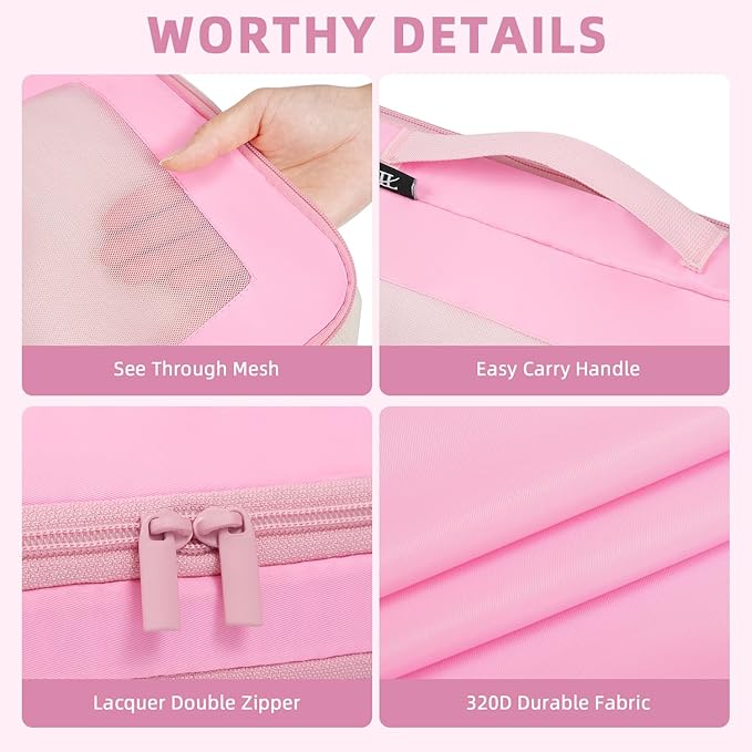 BAGAIL 4 Set/6 Set/8 Set Compression Packing Cubes Travel Accessories Expandable Packing Organizers (Square Mesh, 06-Pink)