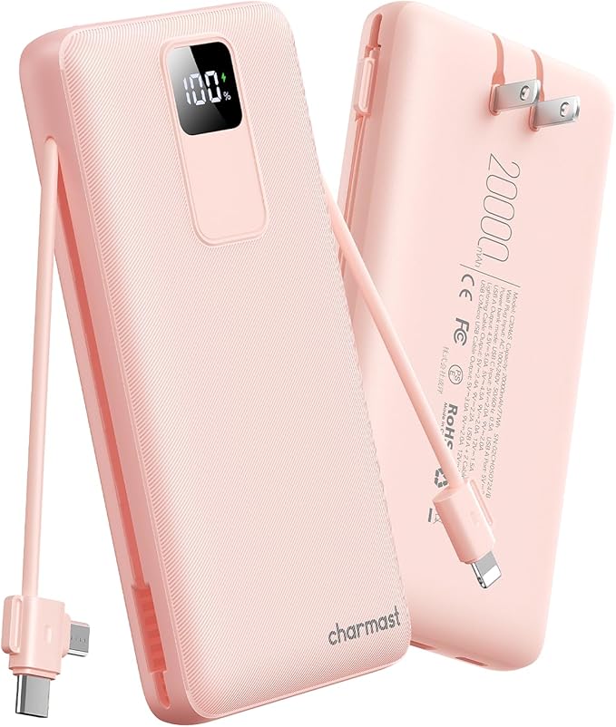 charmast 20000mAh Portable Charger with Wall Plug, Fast Charging Power Bank USB C, 20W PD Battery Pack with Built-in Cables Travel Essential for iPhone 16/15/14, Samsung, iPad More Devices (Pink)