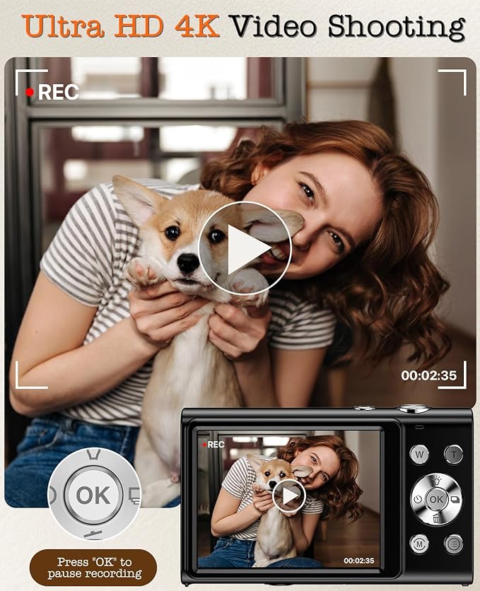 Digital Camera, 4K Vlogging Camera for YouTube Autofocus Cameras for Photography with 16X Digital Zoom, 48MP Compact Point and Shoot Digital Camera for Teens Adult with 32GB SD Card, 2 Batteries-Black