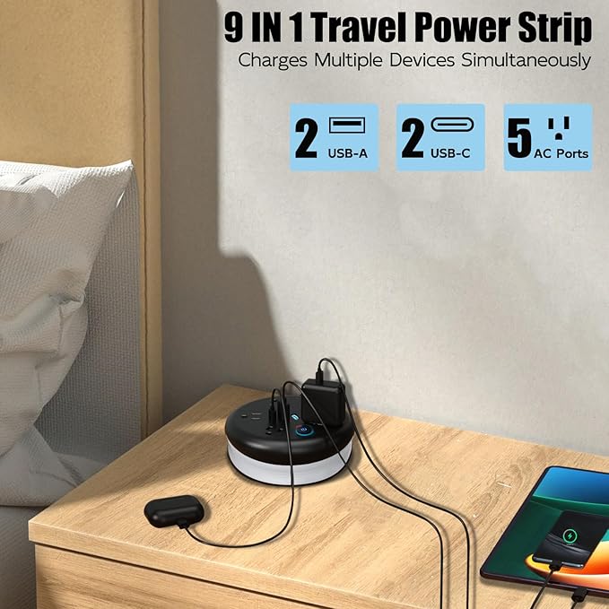Retractable Travel Power Strip: 10 Ft Extension Cord Portable Powerstrip with 5 Outlet 2 Smart USB Port 2 USB C for Travel Cruise Ship Beach Vacation Essentials