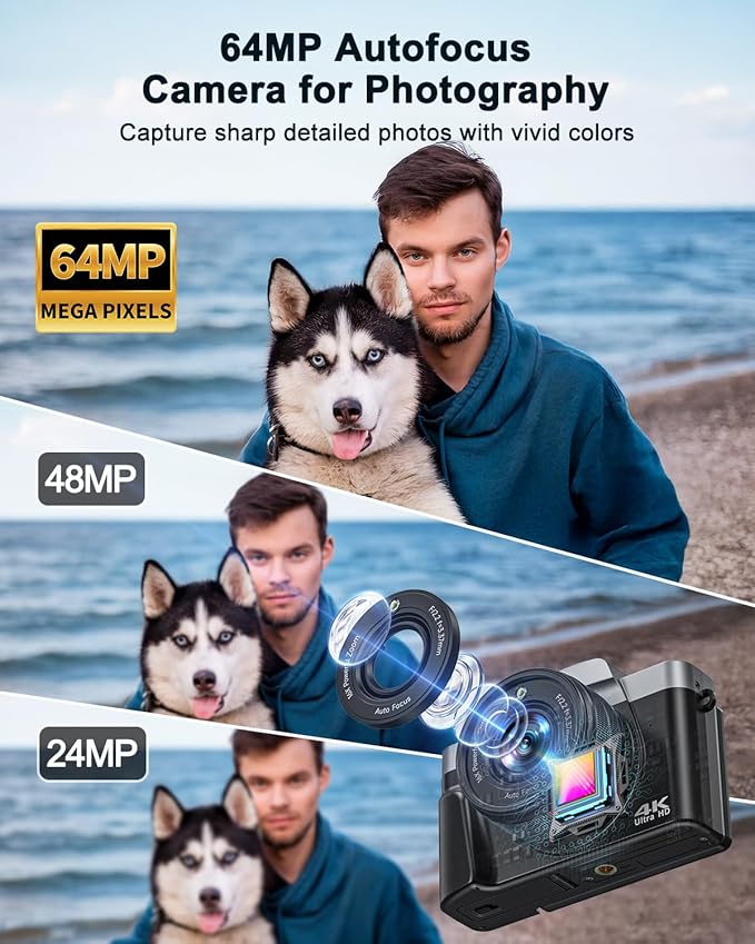 4K Digital Camera for Photography, WiFi 64MP Autofocus Vlogging Camera for YouTube, 3" 180° Flip Screen, 16X Zoom Antishake Compact Point and Shoot Travel Cameras with 32GB SD Card, 2 Batteries, Black