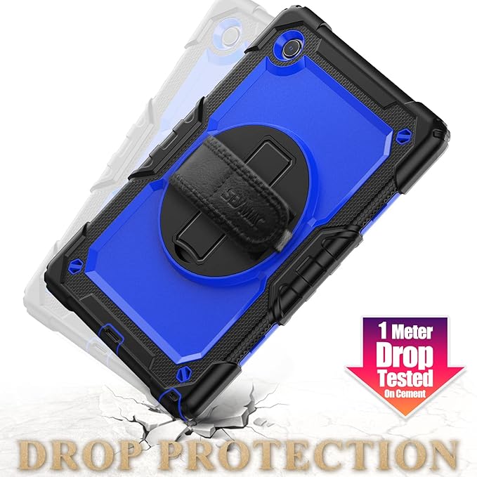 SEYMAC stock Case for Samsung Galaxy Tab A8 10.5'', Full-Body Drop Protection Case with Screen Protector Pencil Holder [360° Rotating Hand Strap] &Stand, Blue+Black
