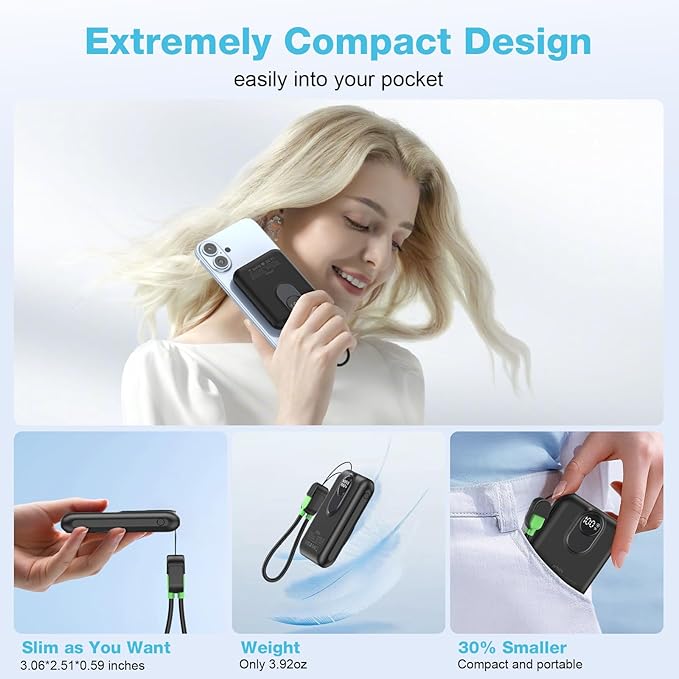 Small Magnetic Power Bank,5000mAh Mag-safe Battery Pack with 20W Fast Charging Detachable USB C&iOS cable,with LED Display,Slim Wireless Portable Charger for iPhone16/15/14/13/12 Series (Black)