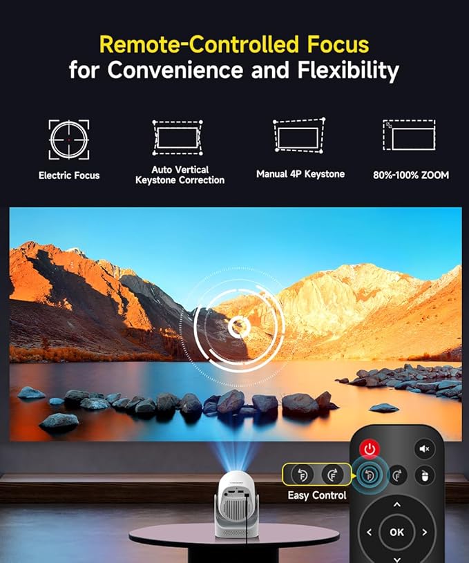 【Electric Focus】Projector with WiFi 6 and Bluetooth 5.0, Mini Portable Native 720P with 4K Support, Smart Proyector Built in Android 14, Auto Vertical Keystone, Home Movie Projectors for Outdoor