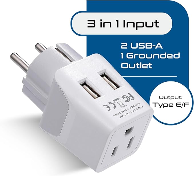 Ceptics Schuko, Germany, France, Spain Travel Adapter Plug with Dual USB - Usa Input Type E/F - Ultra Compact Perfect for Cell Phones, Laptop, Camera Chargers, iWatch, iPad, iPhone and More (CTU-9)