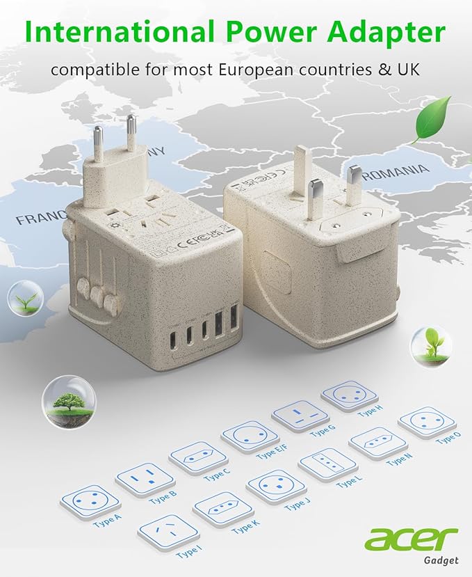 Acer Universal Travel Plug Adapter - International Power Adapter with 5 USB Ports (3 USB C) 5.8A, Worldwide Outlet Charger for USA to European UK France Germany Spain, Type C/E/F/G/I/L/A,Beige