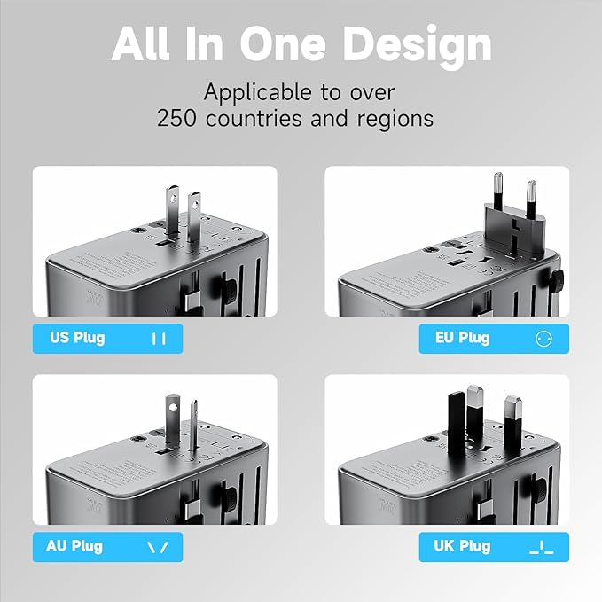 Minthouz Universal Travel Adapter, International 70W Power Adapter GaN Fast Charger with 3 USB-C PD, 1 USB-C Cable & A Ports, All-in-One Portable AC Power Plug Adapter for USA EU UK AUS
