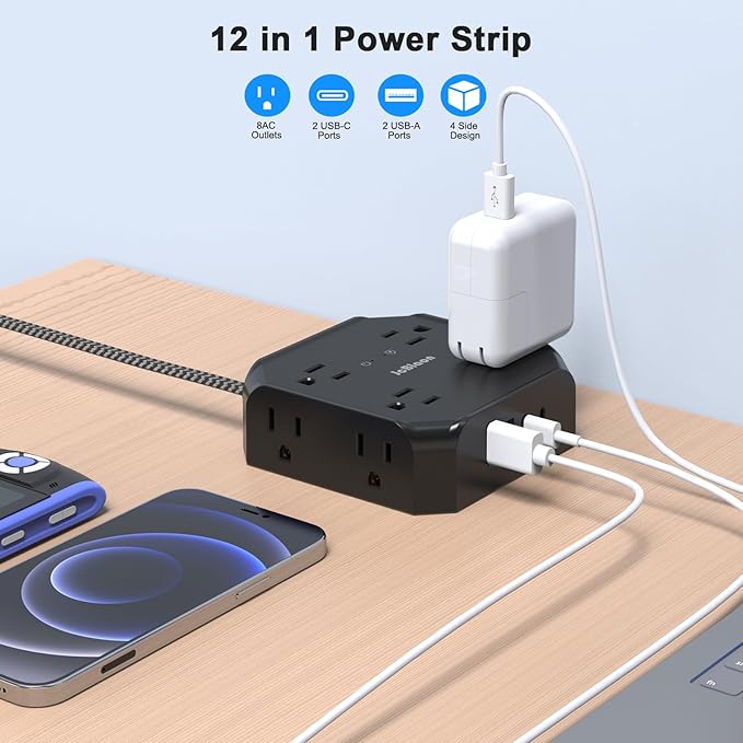 Power Strip Surge Protector - 8 Outlets with 4 USB (2 USB C) Charging Ports,JcBlaon Multi Ultra Thin Flat Plug Outlet Adapter with 5Ft Braided Extension Cord for Home, Office, Dorm,Travel Essentials