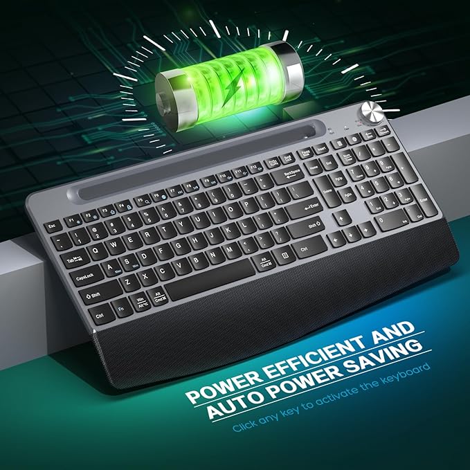 JOYACCESS Ergonomic Wireless Keyboard with Wrist Rest, Low-Profile,Phone Holder,2.4GHz Full Size Silent Cordless USB Computer Keyboard for Windows, Mac OS Desktop/Laptop/PC-Black Grey