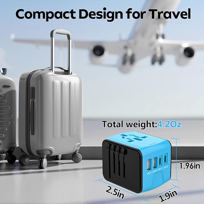 JMFONE Universal Travel Plug Adapter, International Power Adapter with 2 USB-C & 2 USB-A Ports and Multi AC Sockets, 5-in-1 Worldwide Travel Outlet Charger Adapter for EU US UK AU 200+ Multi Countries