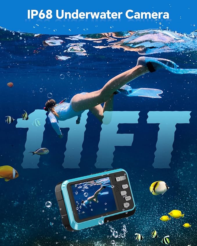 4K Underwater Camera Snorkeling 11FT Waterproof Camera 64MP Autofocus with 32GB Card Dual Screens Selfie 16X Zoom Floatable Compact Digital Camera Waterproof with 2 Batteries (Blue)