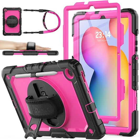 SEYMAC stock Case for Samsung Galaxy Tab S6 Lite 10.4’’ (2024-2020) with Screen Protector Pencil Holder [360° Rotating Hand Strap] &Stand, Drop-Proof Case for Galaxy Tab S6 Lite Tablet, Pink/Black