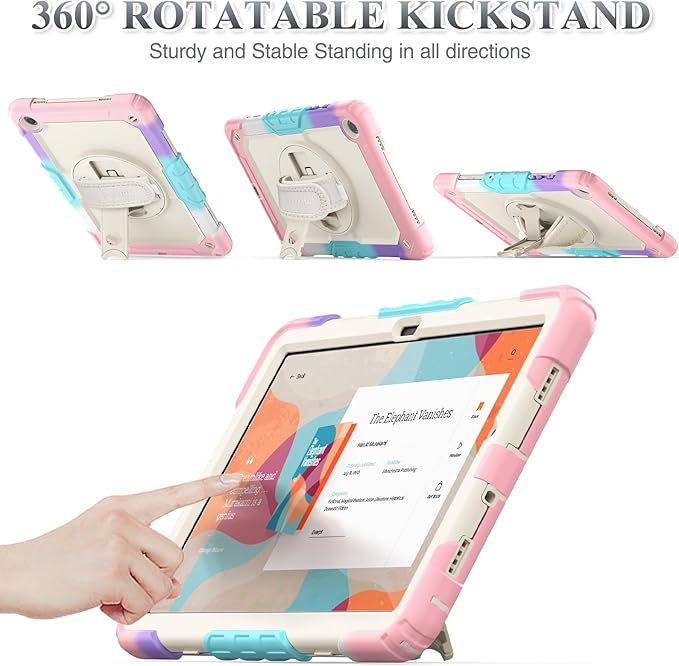 SEYMAC stock Case for Samsung Galaxy Tab A9+ Plus 11'', Full-Body Drop Protection Case with Screen Protector Pencil Holder [360° Rotating Hand Strap] &Stand, Yellowish+Pink