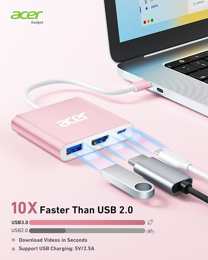 Acer USB C Hub, 3 in 1 USB C to HDMI Multi-Port Adapter,with 5Gbps USB 3.0 GEN1 Data Port, 4K HDMI Port and PD Max 100W Charging for USB C Phones, Tablets, iPad Pro, MacBook Pro, Acer Laptops and More