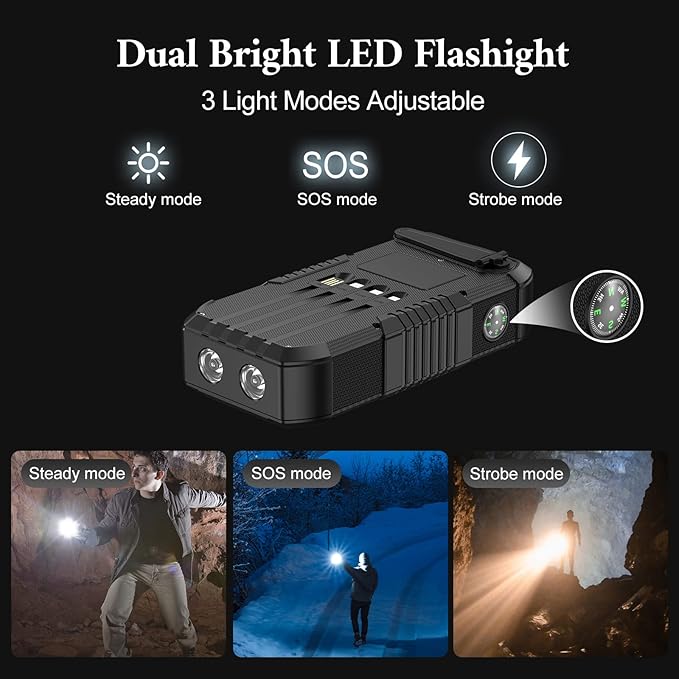 Solar Power Bank 66800mAh Built in Hand Crank and 4 Cables 22.5W Fast Charge,Camping Essentials/SOS/Strobe/Strong Flashlights,Compass Solar Portable Charger Power Bank (Black)