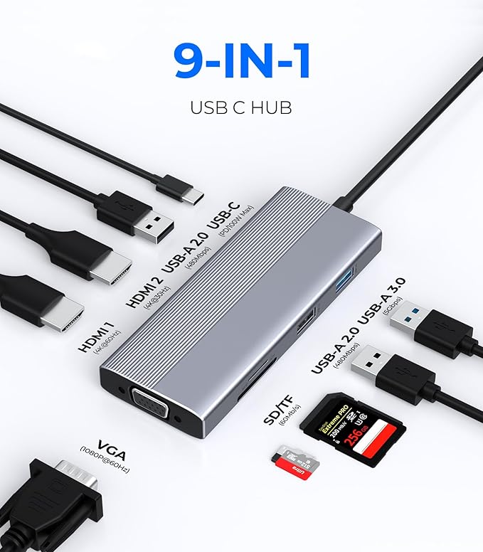 GIISSMO USB C Docking Station 3 Monitors HDMI Adapter for Dell HP Lenovo, 9 in 1 Laptop Docking Station 3 Monitors USB C Hub with 2 HDMI 4K Ports + VGA + 100W PD Charging + 3 USB + SD/TF Card Reader
