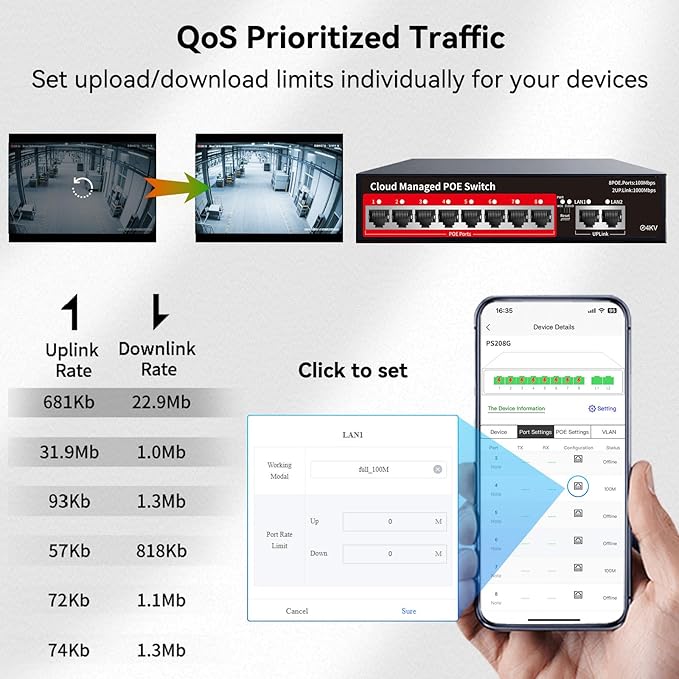 STEAMEMO PoE+ Switch, 8 Port Managed PoE Ethernet Switch(8 POE Ports +2 Uplink),120W Built-in Power, Support VLAN, QoS, Fanless Metal, Plug & Play (Desktop/Wall Mount)