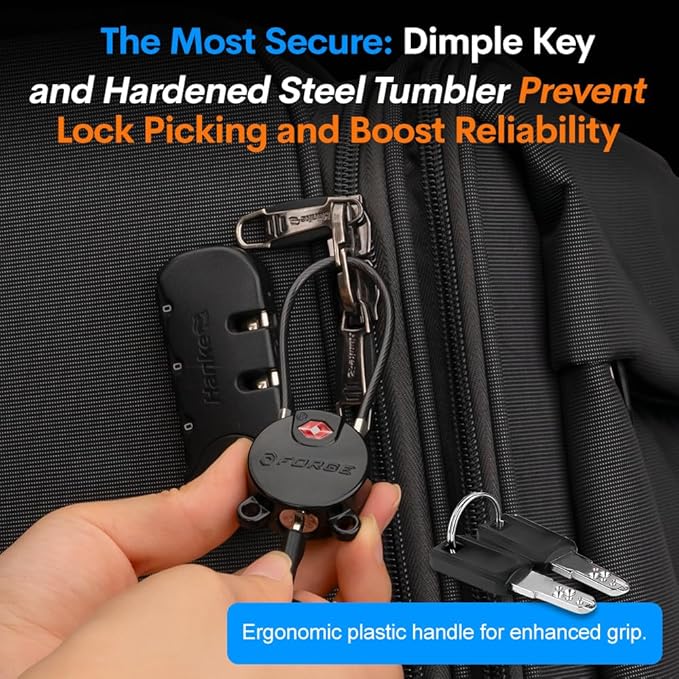 Forge TSA Approved Luggage Locks Ultra-Secure Dimple Key Cable Locks for Travel with Zinc Alloy Body- 6 Black Locks