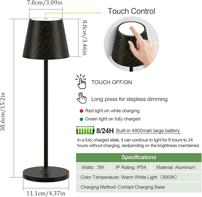 Ralbay IP54 Aluminum Cordless Rechargeable Table Lamp LED Modern Battery Operated 4800mAh Waterproof Portable Stepless Dimmable Desk Lamp for Restaurant/Bedroom/Camping/Outdoor (Black Brush Gold)