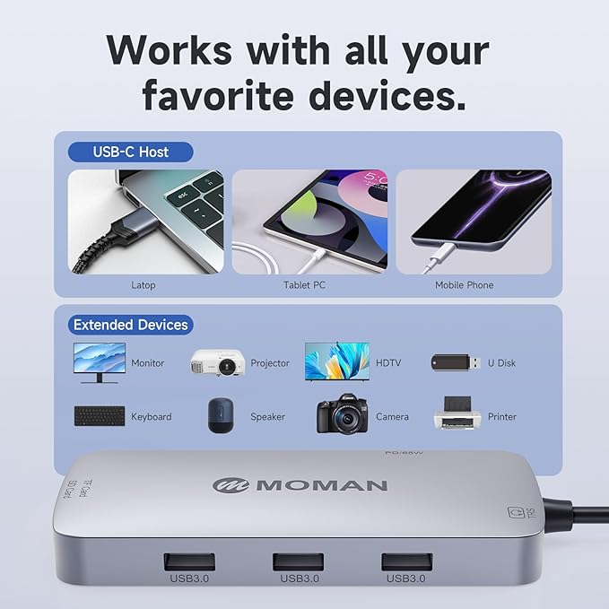 Moman USB C Hub 9 in 1, Docking Station with 100W PD, 4K@30Hz HDMI, 3 x USB 3.0 5Gbps, 3.5mm Audio Connector, RJ45 Ethernet, SD/TF Card Reader for Mouse, Keyboard, U Disk, Flash Drive, Mobile