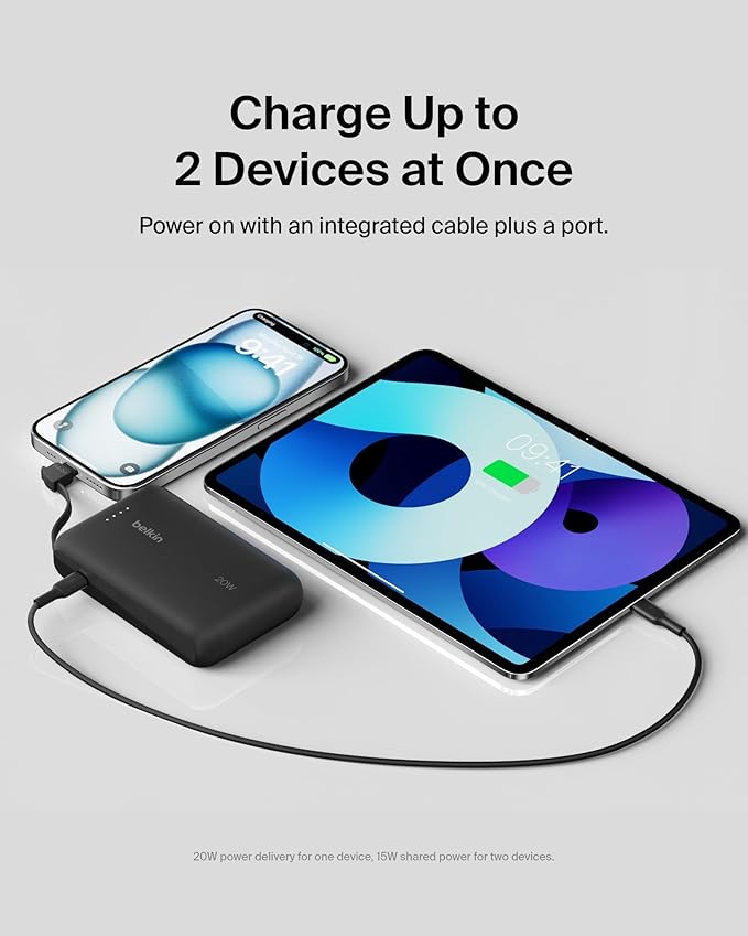 Belkin Portable Charger, Power Bank 10000 mAh w/Integrated Cable - 20W Fast Charge USB-C Power Delivery, iPhone Charger - Apple iPhone 17, Air, Pro, Pro Max, iPad, Samsung Galaxy S25, & More - Black