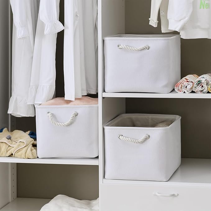 TheWarmHome Storage Basket for Shelves - 15.8x11.8x11.8 inch 3 Pack Fabric Storage Cubes, Collapsible Storage Bin for Organizing Organizer Closet Book Gift Dog(White)