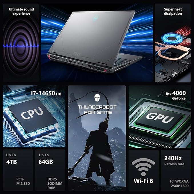 Thunderobot Radiant 16 4060 Gaming Laptop, Core i7-14650HX 14th Gen, 16" 2.5K 240Hz WQXGA, RTX 4060, 64GB DDR5, 2TB SSD, RGB Backlit Keyboard, Wi-Fi 6, Win11, Gray