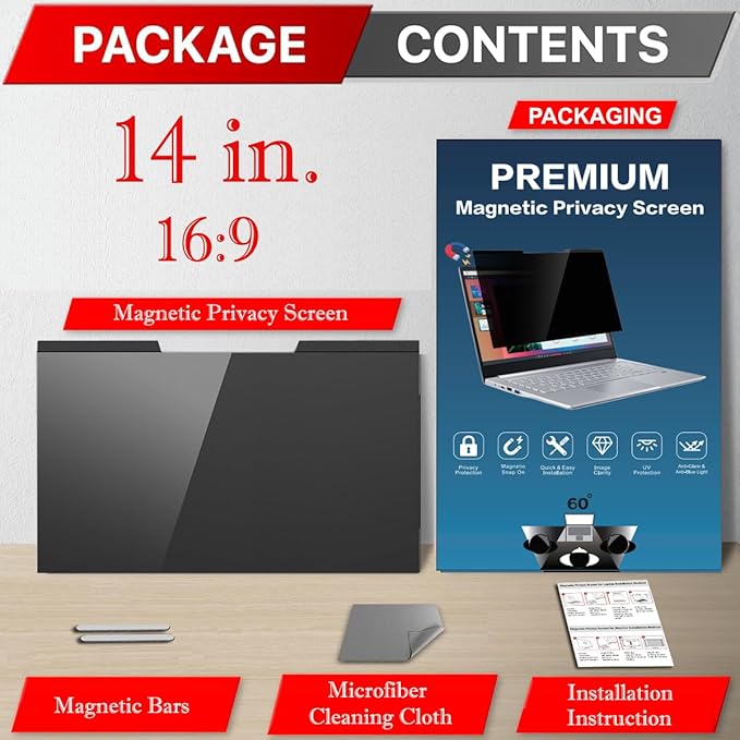Magnetic Laptop Privacy Screen 14 inch for 16:9 Computer Monitor | Privacy Shield | Anti Glare & Blue Light Filter | UV & Eye Protection | Anti Spy | Anti-Scratch Protector Film