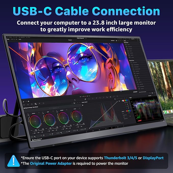 Portable Monitor 23.8" 4K 3840X2160 144% sRGB 60Hz IPS HDR HDMI USB-C Travel Monitor for Laptop MacBook PC Surface PS5 Xbox, Large External Display with Kickstand & Speakers, VESA Compatible