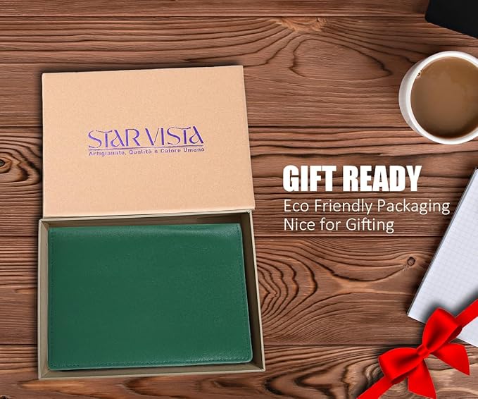 STAR VISTA Phoenix Leather Passport Holder, Calfskin Leather Travel Wallet - RFID Blocking, ID Window, Zipper Pocket, Pen & Notebook Included, AirTag Holder, Mint