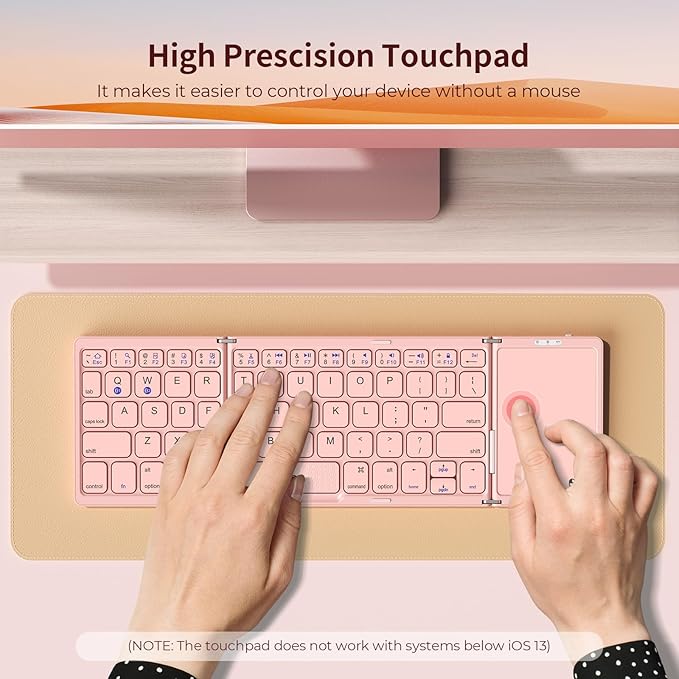 seenda Foldable Bluetooth Keyboard for Travel, Tri-Folding Wireless Rechargeable Multi-Device Portable Keyboard with Touchpad, for Laptop iPad Tablet PC Smartphone Windows iOS Android, Pink
