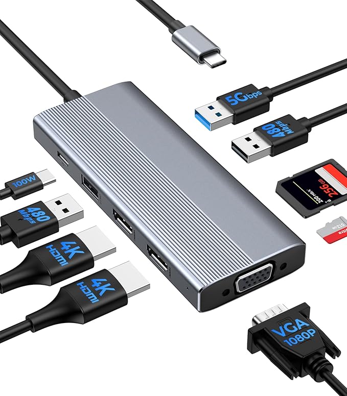 GIISSMO USB C Docking Station 3 Monitors HDMI Adapter for Dell HP Lenovo, 9 in 1 Laptop Docking Station 3 Monitors USB C Hub with 2 HDMI 4K Ports + VGA + 100W PD Charging + 3 USB + SD/TF Card Reader