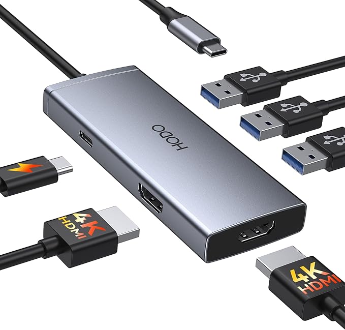 USB C Docking Station Dual HDMI Monitor 4K 60 Hz USB C to Dual HDMI Adapter with 2 hdmi Ports, USB-C Hub 2 Monitors with 3 USB Port PD Charging Compatible for Dell XPS HP Surface Yoga etc