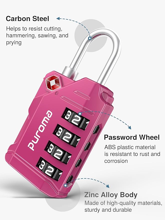 Puroma TSA Approved Luggage Locks, 2 Pack 4 Digit Resettable Travel Combination Code Lock with Zinc Alloy Body for Suitcase, Backpack, Laptop Bag, Gym Locker, Toolbox (Red-Violet)