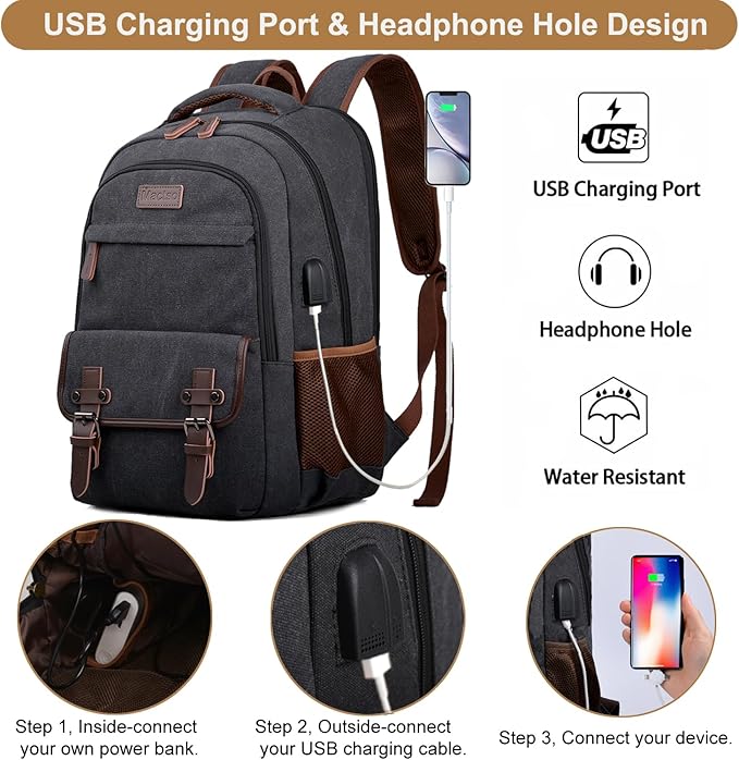 Mactso Canvas Travel Laptop Backpack for Men Women, Business Work Rucksack College Computer Bag Fits 17.3 Inch Notebook,Bookbag with USB Charging Port (Black, 17.3 Inch)