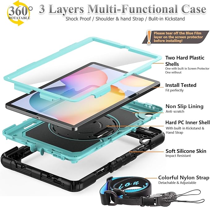 SEYMAC stock Case for Samsung Galaxy Tab S6 Lite 10.4’’ (2024-2020) with Screen Protector Pencil Holder [360° Rotating Hand Strap] &Stand, Drop-Proof Case for Galaxy Tab S6 Lite Tablet, SkyBlue/Black