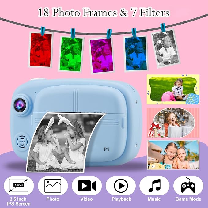 Kids Instant Camera, Mijiaowatch 12MP/1080P Kids Digital Print Camera with 3.5 Inch Cameras for Kids 32GB TF Card, Kids Gift Toys for Ages 3-14 (Blue)