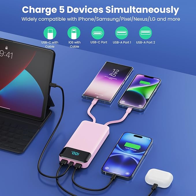 Portable Charger 40800mAh with 3 Built-in Cable,PD 25W USB C in&Out Power Bank Fast Phone Charging,QC4.0 LED Display 5 Output External Battery Pack Compatible with iPhone 17/16,Samsung Android-Peach