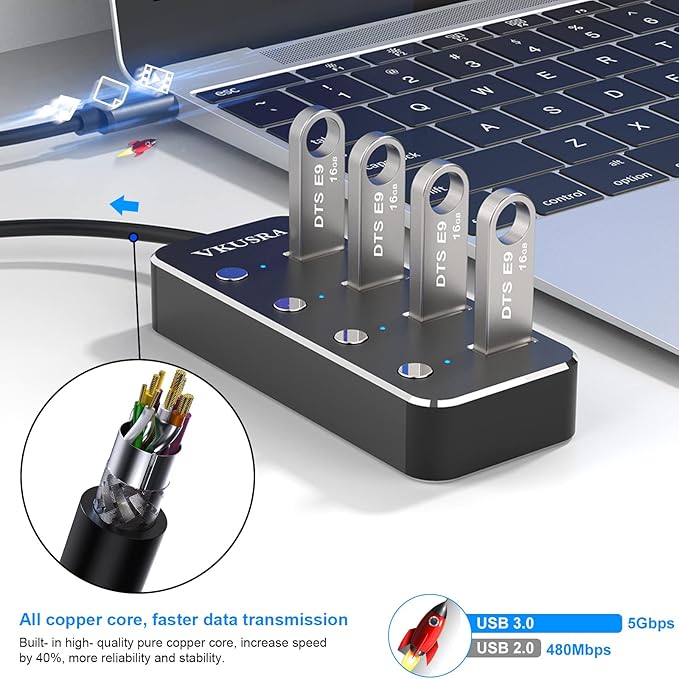USB Hub,VKUSRA 4 Port USB 3.0 Hub Splitter with 4ft USB Long Cable and Individual LED On/Off Switch,USB Port Expander for Laptop PC