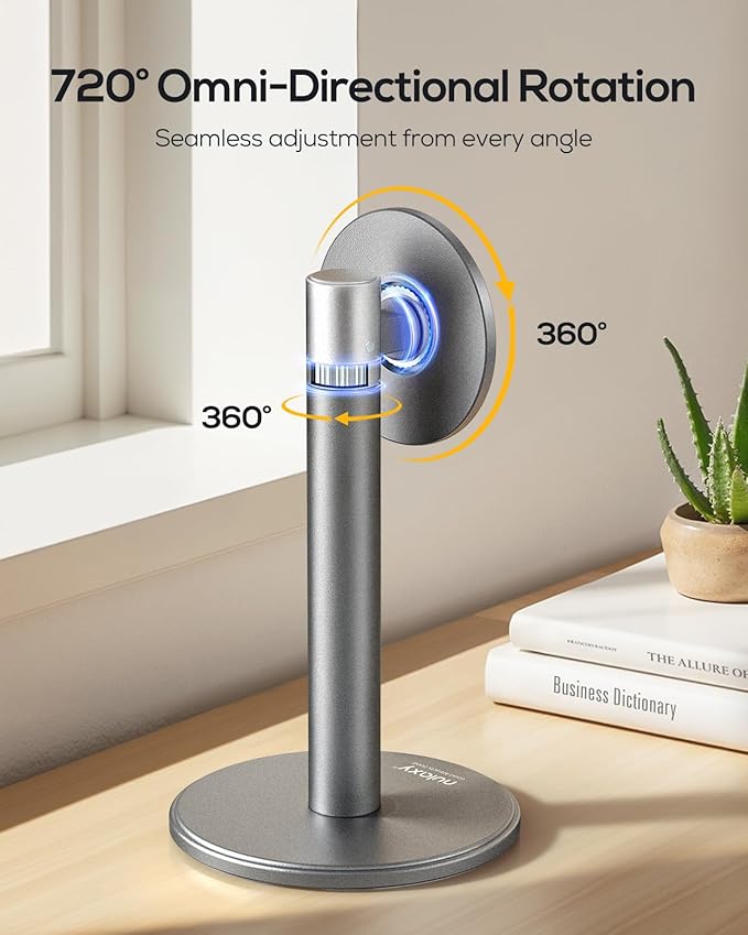 Nulaxy Magnetic Full Aluminum Cell Phone Stand with Metal Ring, 360 Rotating Phone Stand for Desk, Office Accessories Adjustable Phone Holder Compatible with All Phones MagSafe Case, Gray