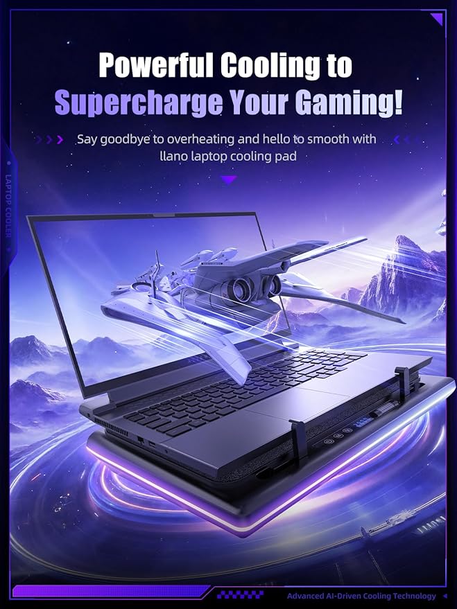llano V12 Ultra Laptop Cooling Pad with Smart Software Control, RGB Gaming Laptop Fan Cooler Stand, 5.5" Turbo Fan, Adjustable Speed, 3*USB 3.0 Ports, 3 Height Stands, for 15.6"-19" Laptops, Black